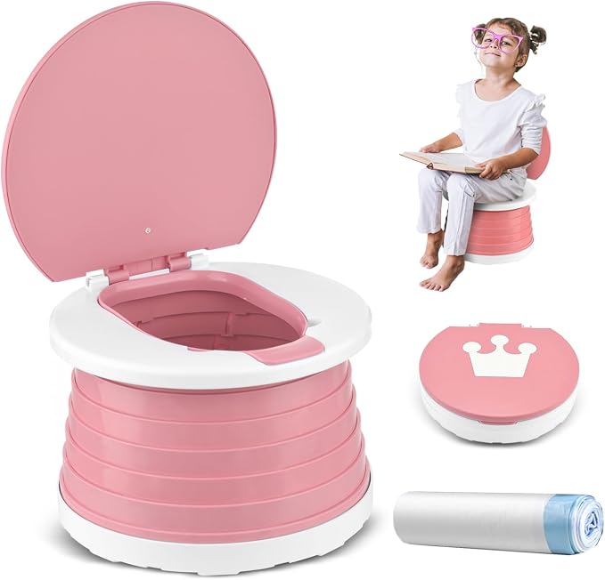 Portable Potty for Toddler Travel Foldable Potty Seat for Toddler Training Toilet for Kids Boys Girls Car On The Go Potty Travel Toilet Chair for Camping Park Indoor/Outdoor (Pink)