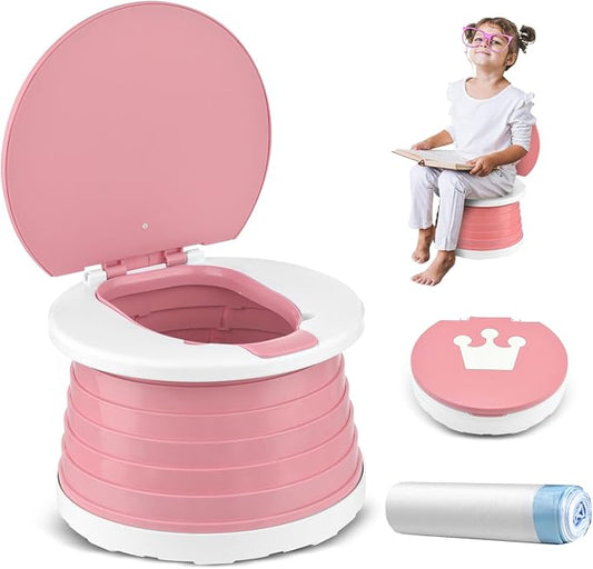 Portable Potty for Toddler Travel Foldable Potty Seat for Toddler Training Toilet for Kids Boys Girls Car On The Go Potty Travel Toilet Chair for Camping Park Indoor/Outdoor (Pink)