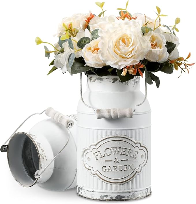 French Style Shabby Chic Decor White Farmhouse Metal Flower Vase Galvanized Decor for Kitchen, Bathroom, Sparklers for Weddings