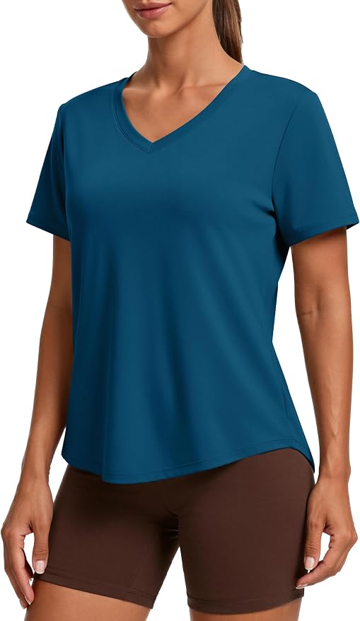 PINSPARK Soft Workout Tops for Women Short Sleeve V Neck Moisture Wicking UPF 50+ Sun Protection Quick Dry Gym Shirts