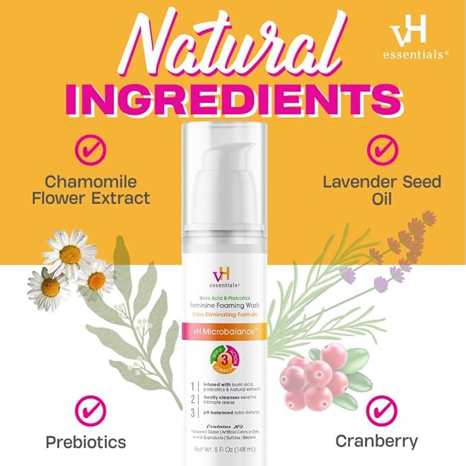 vH essentials Feminine Foaming Wash with Boric Acid and Prebiotics, Odor Eliminating pH-Balanced Daily Cleanser with Lavender and Chamomile, 5 fl oz (Pack of 2)