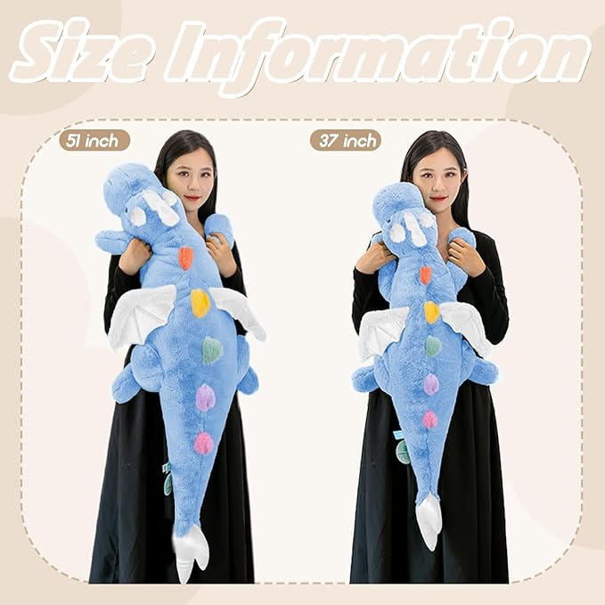ARELUX Large 37in Cute Dragon Stuffed Animals Plush Toy Soft Sky Blue Pterosaur Plushie Giant Fuzzy Dinosaur Pillow Plushies with White Wings Cuddly for Friends Family Member