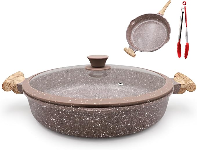 AIKENBBKK Ceramic Frying Pan with Lid, 14 Inch Saute Pan, Non Stick Frying Pans, 2-In-1 Large Cooking Pan, Nonstick Skillet, Compatible with All Stoves, PTFE & PFOA Free, Brown