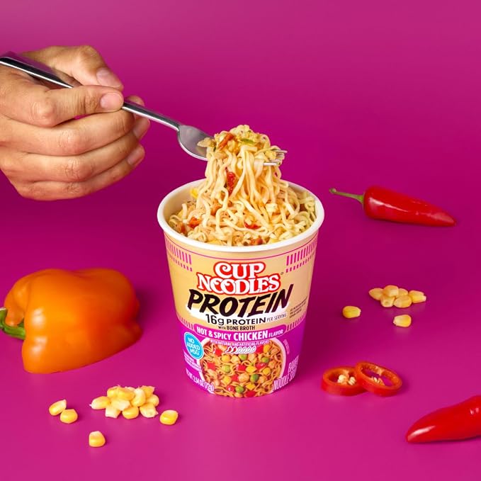 Nissin Cup Noodles Protein Ramen, Chicken Flavor Spicy Ramen with Bone Broth, 16g Protein, 2.54 Ounce Cup (Pack of 6)
