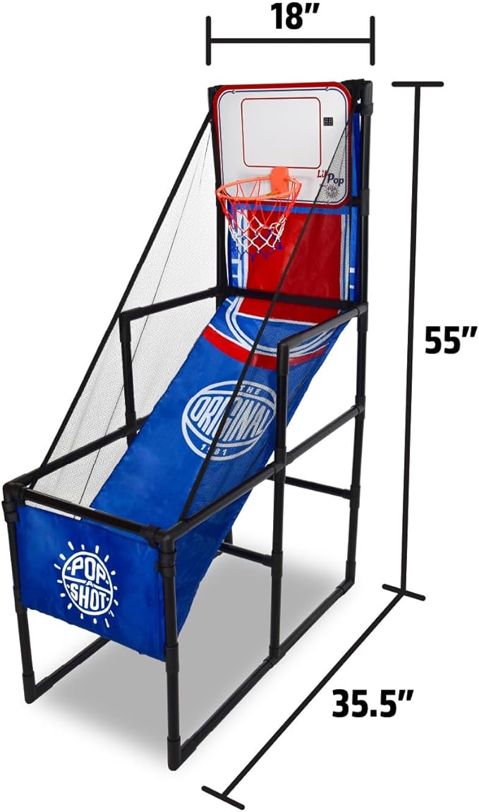 Pop-A-Shot Lil’ Pop Game | Indoor Arcade Basketball Hoop for Kids Age 3-6 | 3 Balls & Sticker Pack | Electronic Scoreboard, Music, Sound FX