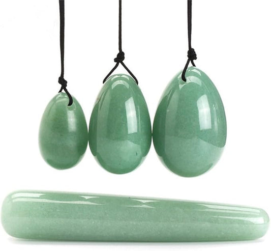 AITELEI 4Pcs Set Jade Yoni Eggs Stick,3 Pcs Drilled Natural Green Aventurine Quartz Crystal Jade Eggs Massage Stone + 1 Pcs Massage Stick for Women Kegel Exercise Strengthen Pelvic Floor Muscles