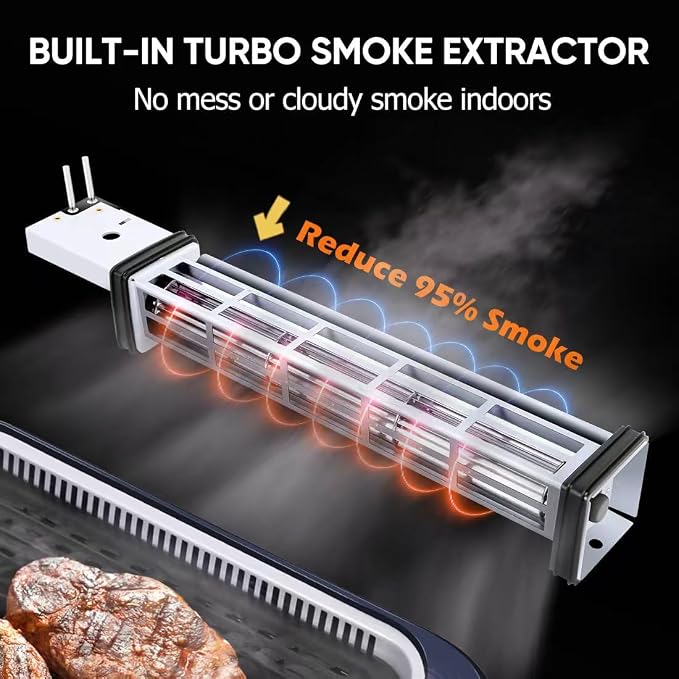 Indoor Grill CUSIMAX Electric Smokeless Grill Portable Korean BBQ, Blue | with Turbo Smoke Extractor Technology, Adjustable Temperature, Non-stick Removable Plate, Tempered Glass Lid, Great for Party