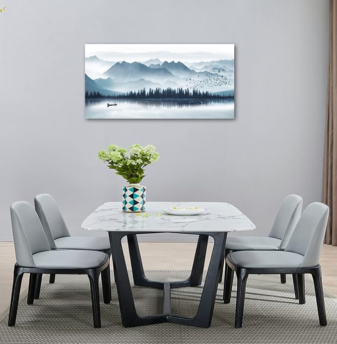 arteWOODS Indigo Canvas Wall Art Misty Mountain Wall Pictures Foggy Lake Boat Painting Prints Forest Birds Artwork Wall Decor for Living Room Wall Decorations Framed Ready to Hang 24" x 48"