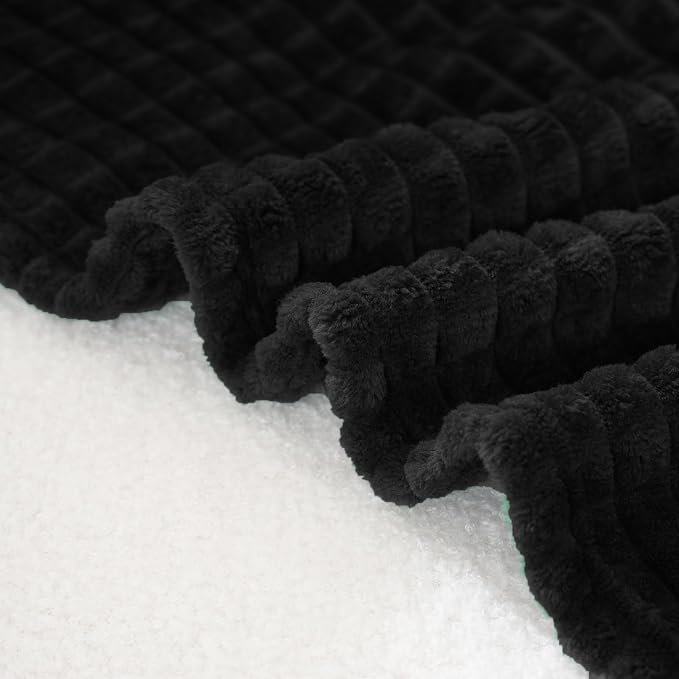 Puncuntex Fleece Throw Blanket Black 50"×60" with Square Grid Design | Super Soft Plush Cozy Flannel Throw Blanket Luxury for Couch Sofa Chair