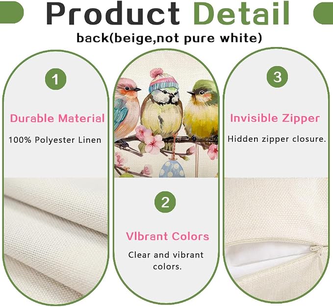 RABUSOFA Easter Pillow Covers 12x20 inch Easter Decorations for Home Pink Birds Colorful Eggs Lumbar Throw Pillows for Bedroom Sofa Holiday Festivals Decor