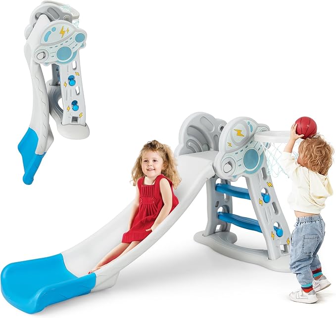 INFANS Toddler Slide, 3 in 1 Foldable Kids Slide Indoor Slideway with Basketball Hoop, Outdoor Climber Freestanding Playset, Extra Long Slipping Slope Sturdy Plastic Playground Toy