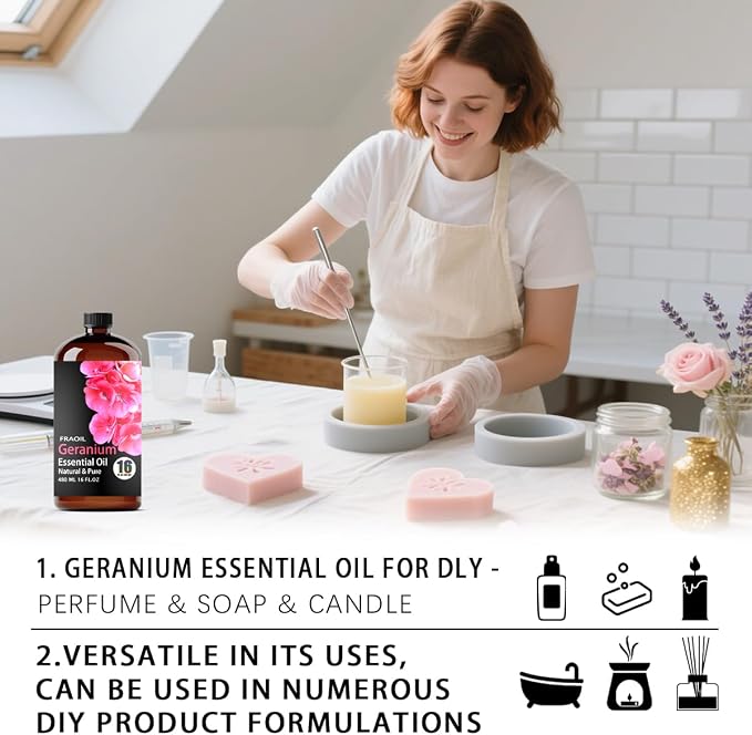 Geranium Essential Oil, Geranium Oil 16 Fl Oz 480 ML for Diffuser Humidifier Yoga Cleaning DIY Candle Soap Making Perfume Gift for Women Essential Oils FRAOIL (Geranium 16 Fl Oz (Pack of 1))