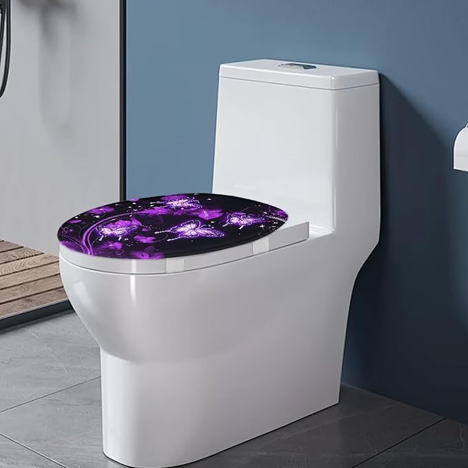 Purple Butterfly Toilet Seat Cover Elongated for Bathroom Neon Butterfly Oval Toilet Seat Cover with Elastic Band Bathroom Butterflies Dust Cover Replacement,Easy to Clean