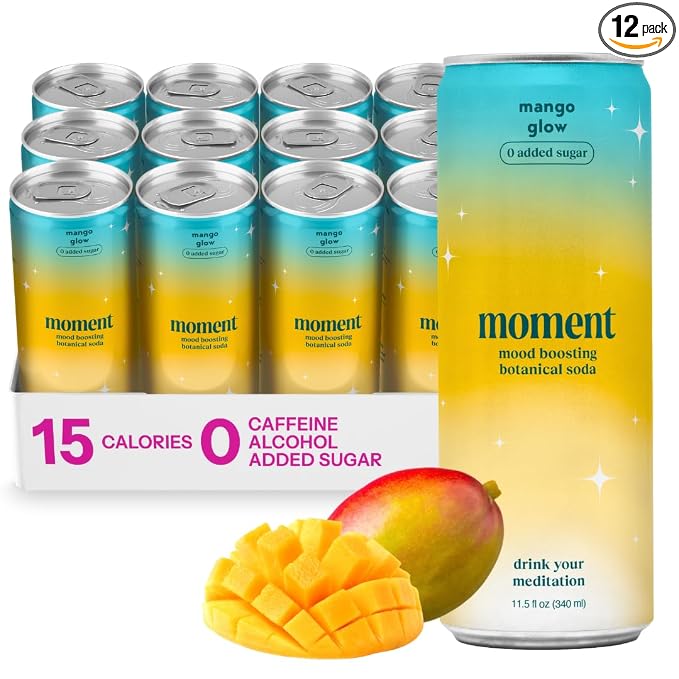 Moment Adaptogen Drink (Shark Tank) - Calm, Clarity & Relaxation with L-Theanine & Ashwagandha - Non Alcoholic Drinks for Adults - Sparkling Botanical Soda - 0 Sugar 0 Caffeine - 12 Pack 11.5 fl oz