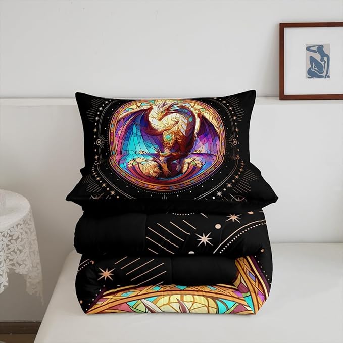 Feelyou Dragon Comforter Set Full Size Dragon Stuff Comforter for Boys Girls Teens Wild Life Bedding Set Dragon Decor Duvet Set Room Decor Black Yellow Quilt Set