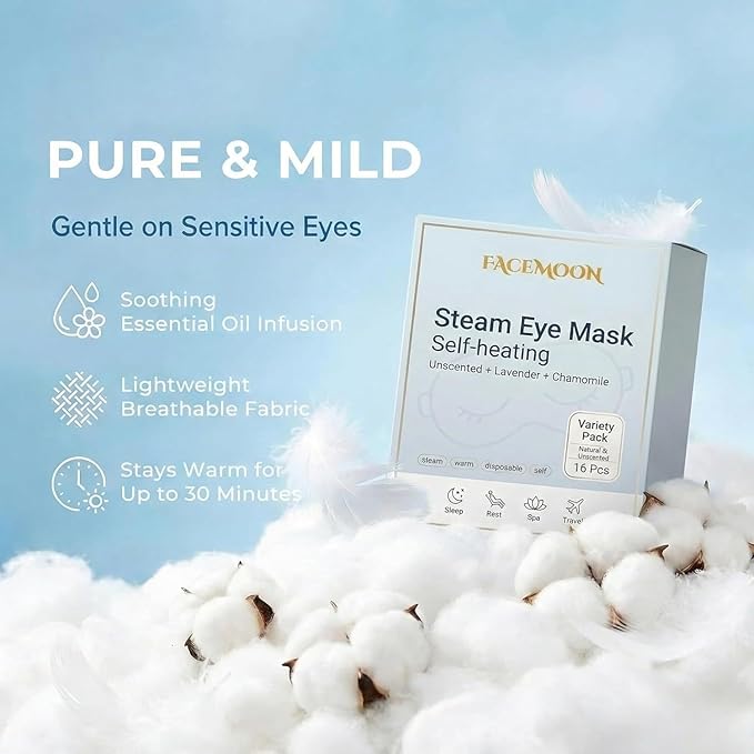16 Packs Self Heating Steam Eye Masks: Disposable Moist Warm Compress for Dry Eyes, Eye Strain, Stye & Stress Relief – No Microwave Needed for Relax, Travel, Sleep & Spa, Unscented