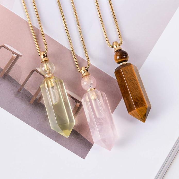 YGLINE Perfume Bottle Necklace,Essential Oil Bottle Pendant,Hexagon Prism Bottle Pendant,Various Gemstones,Healing Stones,Women Gifts