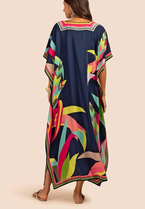 Venasha Womens Caftan Floral Print Kaftan Dress Short Sleeve Swimsuit Cover up Loungewear for Summer