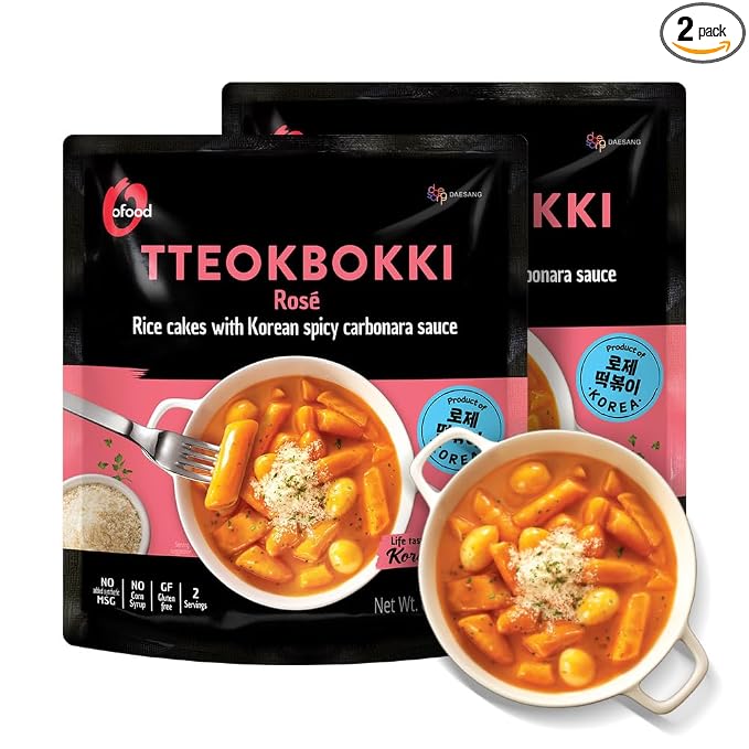 Tteokbokki Korean Rice Cakes – [Rose/Spicy Carbonara | Pack of 2] – Gluten Free | Ready in 3 Minutes | 0 Cholesterol/ 0 Trans Fat | 2 Servings Spicy Street Snack | Healthy/Savory - O’food