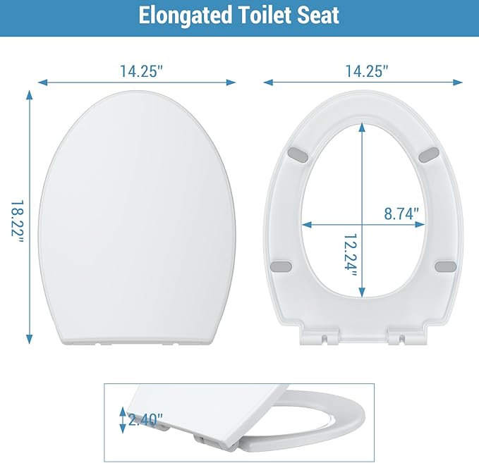 Elongated Toilet Seat Cover – PP Locking Hinge Toilet Seat with Flat Lid, White Slow Close Design for Standard Elongated Toilets, Durable & Easy to Clean