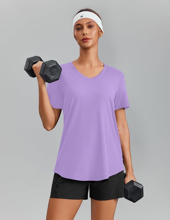 PINSPARK Soft Workout Tops for Women Short Sleeve V Neck Moisture Wicking UPF 50+ Sun Protection Quick Dry Gym Shirts