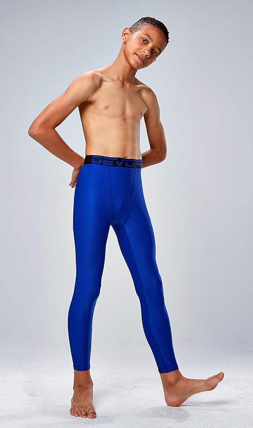 DEVOPS 2 Pack Youth & Boys Thermal Compression Baselayer Sport Tights Fleece Lined Pants & Long Sleeve Top