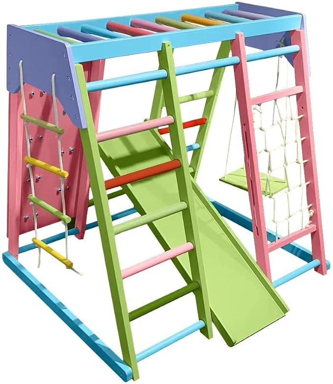 Avenlur Magnolia Indoor Playground 7-in-1 Jungle Gym Playset for Kids 2-6yrs - Slide, Climbing Wall, Rope Wall Climber, Monkey Bars, Swing - Waldorf and Montessori Style Wooden Climb Set.