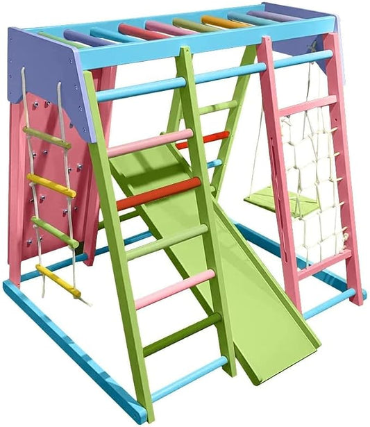 Avenlur Magnolia Indoor Playground 7-in-1 Jungle Gym Playset for Kids 2-6yrs - Slide, Climbing Wall, Rope Wall Climber, Monkey Bars, Swing - Waldorf and Montessori Style Wooden Climb Set.