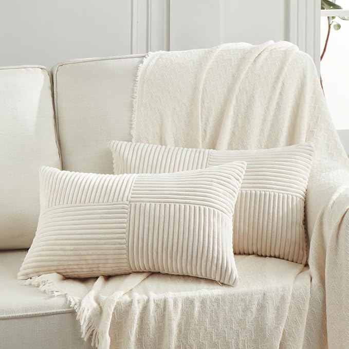 Fancy Homi 2 Packs Cream Lumbar Decorative Throw Pillow Covers 14x22 Inch for Living Room Couch Bed Sofa, Rustic Farmhouse Boho Home Decor, Soft Striped Corduroy Rectangle Accent Cushion Case 35x55 cm