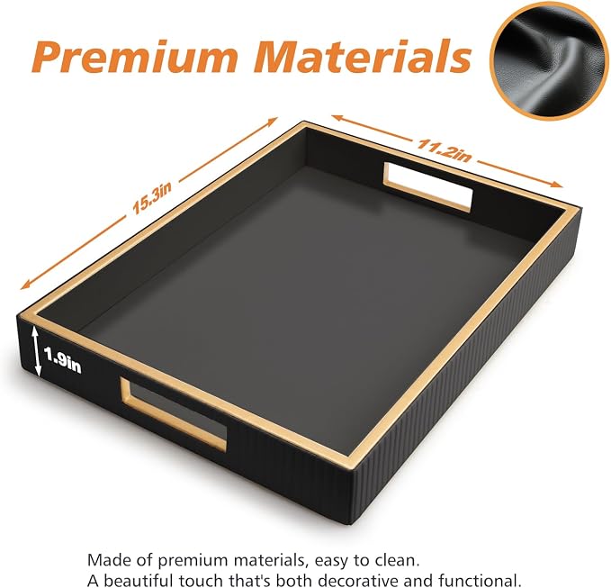 Leather Tray Desktop Storage Organizer, Rectangle Valet Tray, Black | Premium Serving Trays with Handles, Decorative Tray Desk Organizer for Sundries Cosmetics Phone Wallet Keys Cutlery