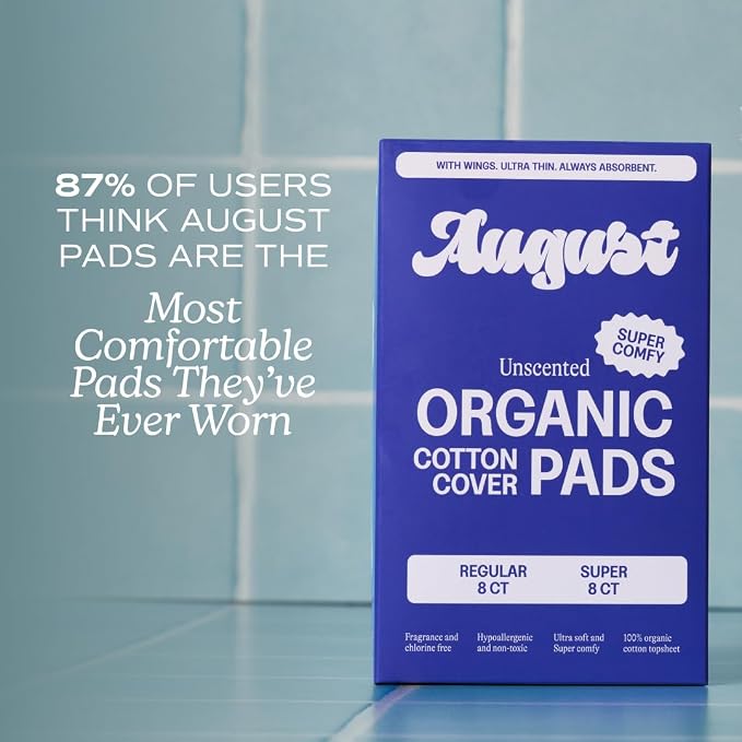 August Regular & Super Organic Pads for Women, 36 (18+18) Ultra Thin Pads with Wings, Hypoallergenic Sanitary Napkins with Organic Cotton Topsheet, Compostable Wrapper, Non-Toxic, Fragrance-Free