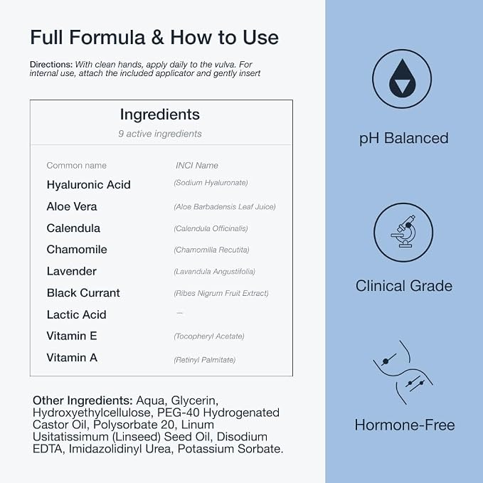 20mg Hyaluronic Acid Vulva Balm and Vaginal Moisturizing gel with Aloe Vera, Calendula, Vitamin E - Hormone-Free External & Internal Hydration for Menopause, Perimenopause. 1 fl oz