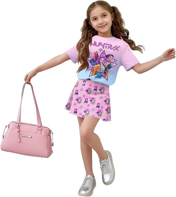 HTHLVMD K Pop Short Sleeve T-Shirt and Skirts Outfits Set for Girls Hunters Rumi Mira Zoey Graphic Tees De-Mon Costume