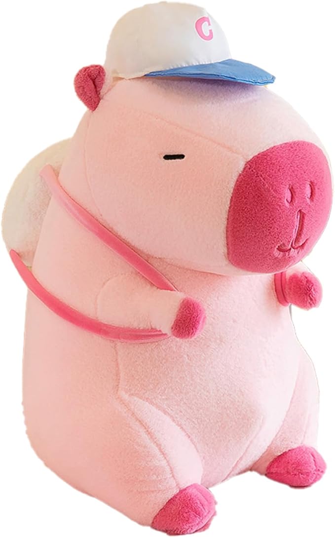 13.7 Inch Cute Pink Capybara Plush Toy with Baseball Backpack, Cute Animal Plush, Doll Birthday Gift for Kids Boys Girls, Kawaii Anxiety Stuffed Animal Plushie, Bedtime Huggable Companion