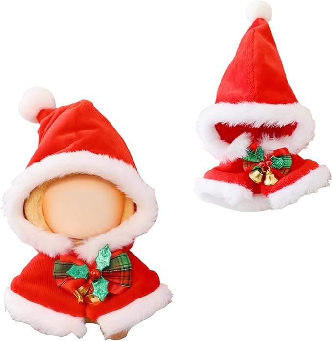 Christmas Hat Clothes for Dolls Accessories, Stylish Kawaii Festive Christmas Bell Shawl Outfit Set 1 Piece Suitable for 15cm 17cm Doll , Xmas Santa Claus Doll Clothing Set Replacement Red