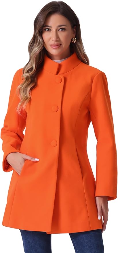 Allegra K Women's Winter Overcoat Mid-Long Stand Collar Single Breasted Coat Outerwear
