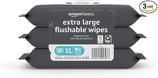 Amazon Basics Extra Large Flushable Wipes, Fragrance Free, pH Balanced, with Vitamin E & Aloe, 60 Count, 3-Pack