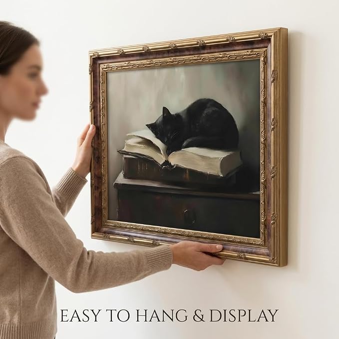 Vintage Moody Gothic Black Cat Wall Art, Dark Academia Cat Canvas Print, | Sleeping Cat on Antique Books Painting Poster, Literary Picture Wall Decor for Living Room Bedroom Office 8x10 In