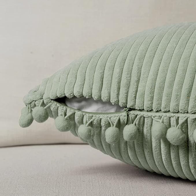 Fancy Homi 2 Pack Sage Green Lumbar Decorative Throw Pillow Covers 12x24 Inch with Pom-poms for Couch Bedroom Sofa, Farmhouse Boho Home Decor, Soft Corduroy Solid Rectangle Cushion Case 30x60 cm