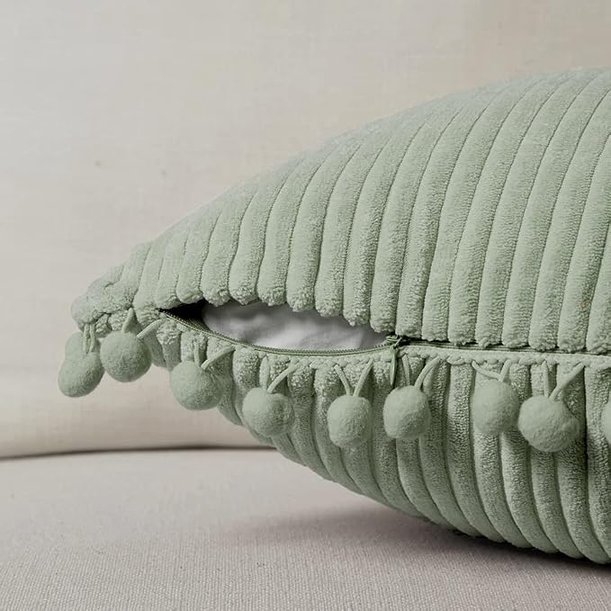 Fancy Homi Pack of 2 Sage Green Decorative Throw Pillow Covers with Pom-poms, Soft Corduroy Solid Square Cushion Cases Set for Couch Sofa Bedroom Car Living Room (18x18 Inch/45x45 cm, Sage Green)