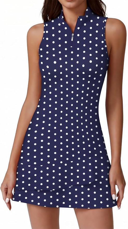 Viracy Tennis Dress for Women Sleeveless Golf Dresses with Shorts and Pockets Ruffle Zip Up Stand Collar Golf Outfits