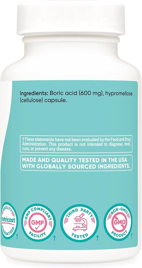 Nutricost Boric Acid (600mg) 60 Capsules GMO-Free | Vaginal Suppository for Women