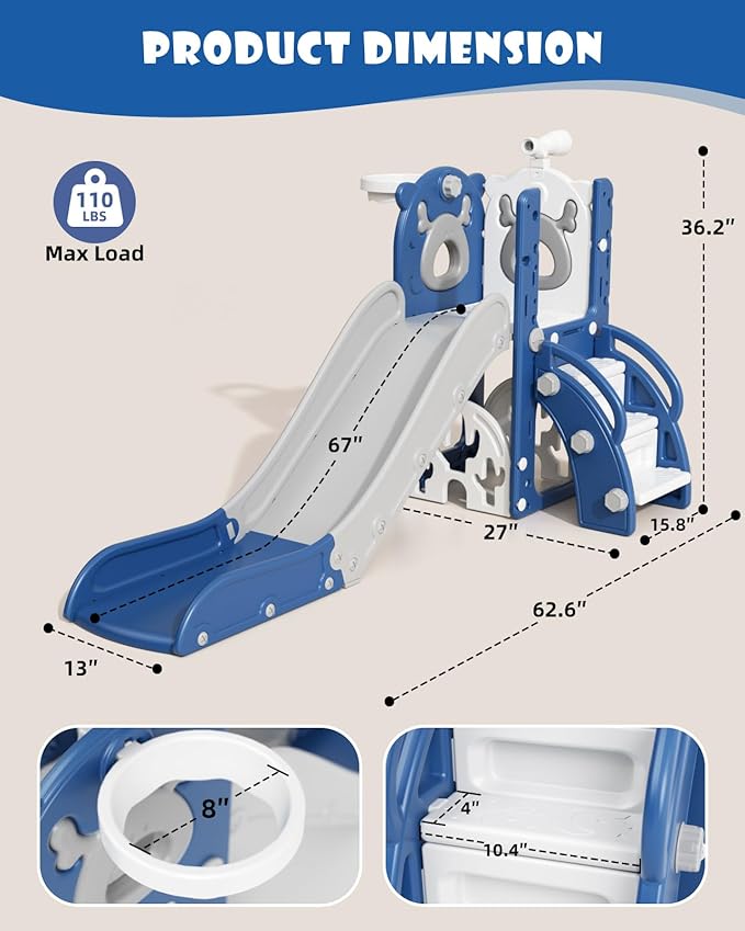 YUFU 7 in 1 Kids Slide for Toddlers, Toddler Slide Playset with Golf, Climber, Basketball Hoop and Ball, Indoor Outdoor Toddler Playground for Kids Age 1-3 (Blue)