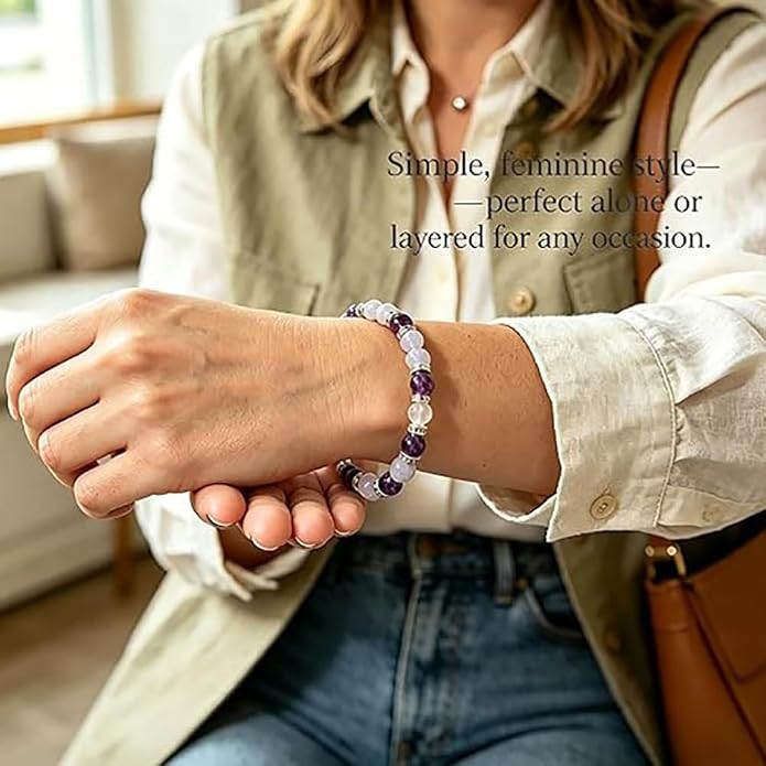 Menopause Bracelet for Women, Natural Crystal Elastic Bracelets Hot Flashes & Anxiety Relief Calming Balance Menopause's Support Jewelry Gift With Card