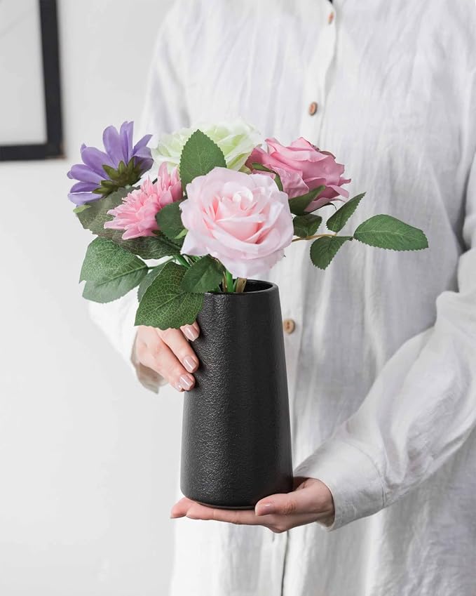 Simple Boho Ceramic Flower Vase for Home Decor (Matte Black,Big) | 8'' Modern Vase for Flower Plant Pampas Grass, Fit for Table Shelf Centerpieces, Living Room Kitchen Bedroom Wedding Gift