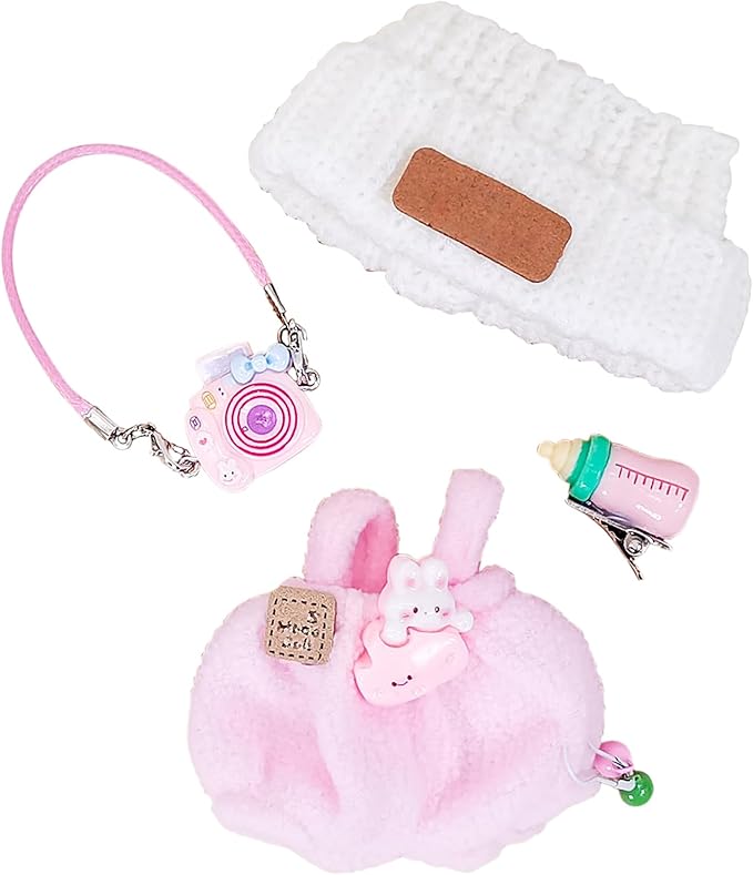 Doll Clothes for 17cm Dolls, Soft Knit Hat, Cozy Overalls, Camera, Bottle & Cute Accessories (No Doll) (Pink)