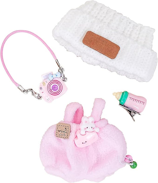 Doll Clothes for 17cm Dolls, Soft Knit Hat, Cozy Overalls, Camera, Bottle & Cute Accessories (No Doll) (Pink)