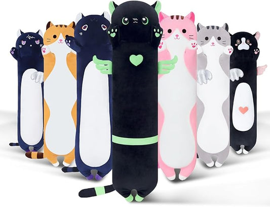 Long Cat Body Pillow for Kids, Cute Cat Stuffed Animals Gifts for Girls, Long Cat Plush Toy for Birthday, Soft Cat Plushies Pillow (AngelCat Green, 35.4in/90cm)