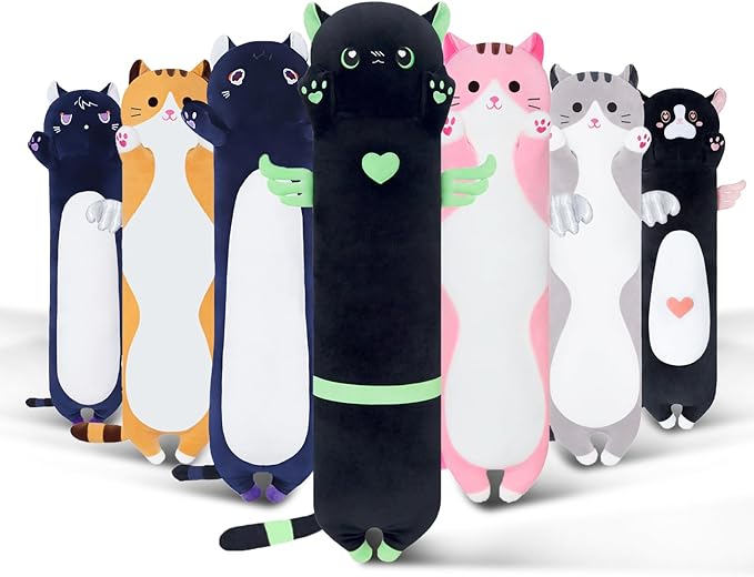 Long Cat Body Pillow for Kids, Cute Cat Stuffed Animals Gifts for Girls, Long Cat Plush Toy for Birthday, Soft Cat Plushies Pillow (AngelCat Green, 43.3in/110cm)