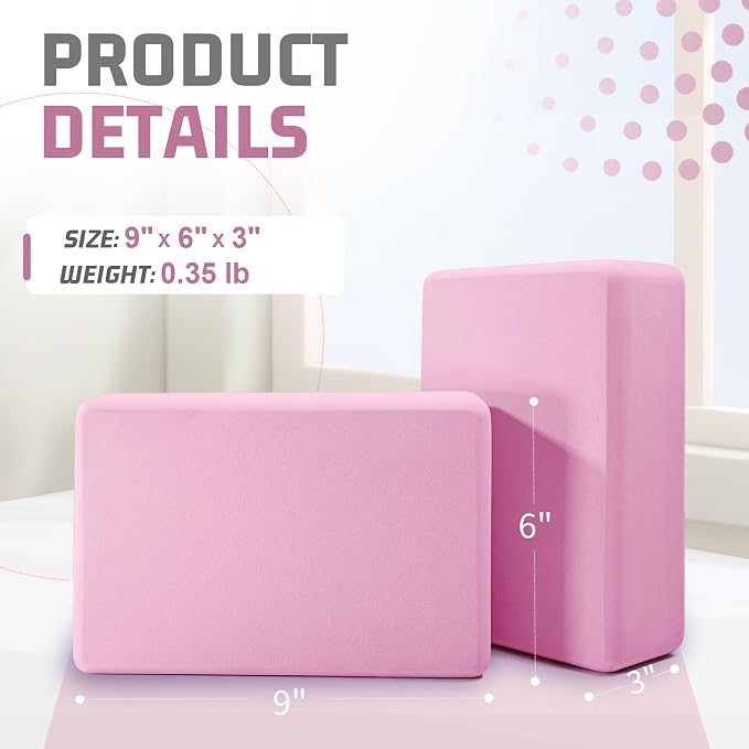 Yoga Blocks 2 Pack 3x6x9IN Foam Block Supportive Latex-Free with Rounded Edges, Non-Slip Exercise Blocks for Pilates, Meditation, Balance, Stretching and Deep Poses